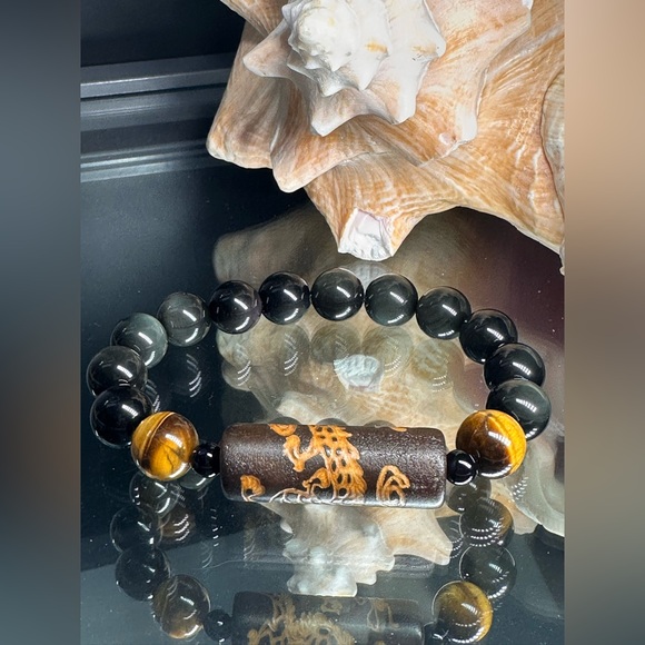 RAINBOW OBSIDIAN + TIGERS EYE + TIBETAN TUBE STONES  NATURAL BRACELET size 7.5” - Picture 4 of 11